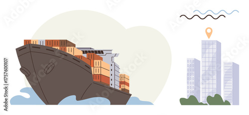 Massive cargo ship carrying containers on ocean waves approaching destination near city buildings marked with a location pin. Ideal for trade, logistics, shipping, import, export, commerce, global