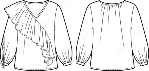 Women's blouse fashion sketch, front and back view, V-neck top, ruffle detail, long sleeve, garment design, flat vector illustration