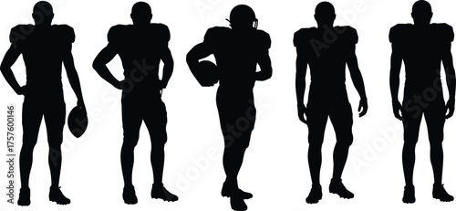 American football silhouettes, athlete poses, sports gear, helmet players, team lineup, dynamic stance, football vector, flat vector illustration