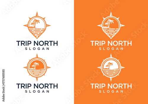 vector linear style logo icon design of beach pin and compass with palm tree