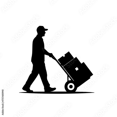 Silhouette of a delivery man pushing a hand truck with boxes. Vector illustration for logistics and moving services.