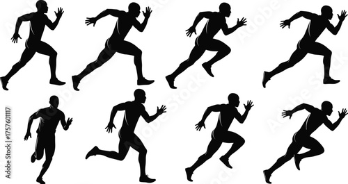 Silhouette illustration of running athletes in different sprinting positions, dynamic sports action, fitness training, speed and movement concept, healthy lifestyle, vector art