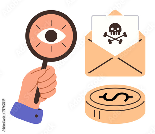 Hand holding magnifying glass with eye, skull-and-crossbones in an envelope, dollar sign coin below. Ideal for cybersecurity, financial fraud, digital threats, analysis, hacking, phishing simple