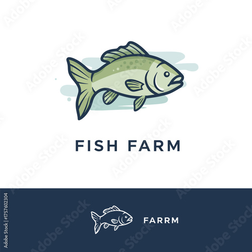 Fish Farm Logo Design Fresh Seafood Emblem Featuring a Cartoon-Style Fish in Aquatic Illustration