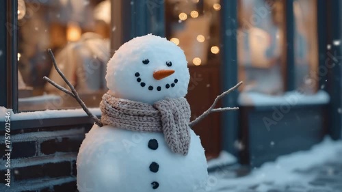 Snowman with scarf standing outside a shop during winter season
