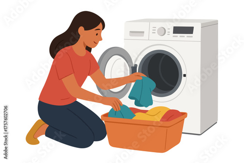 Vector flat design, a woman putting clothes into the washing machine