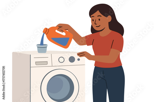 Vector flat design, a woman pouring detergent for washing machine