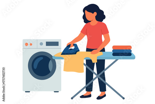 Vector flat design, a woman ironing clothes in front of a washing machine