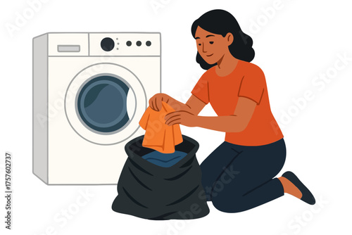 Vector flat design, a woman packing clothes into a plastic bag in front of a washing machine