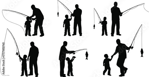 Silhouette of father and son fishing together, bonding activity illustration, black and white vector design, outdoor leisure, catching fish, family time concept