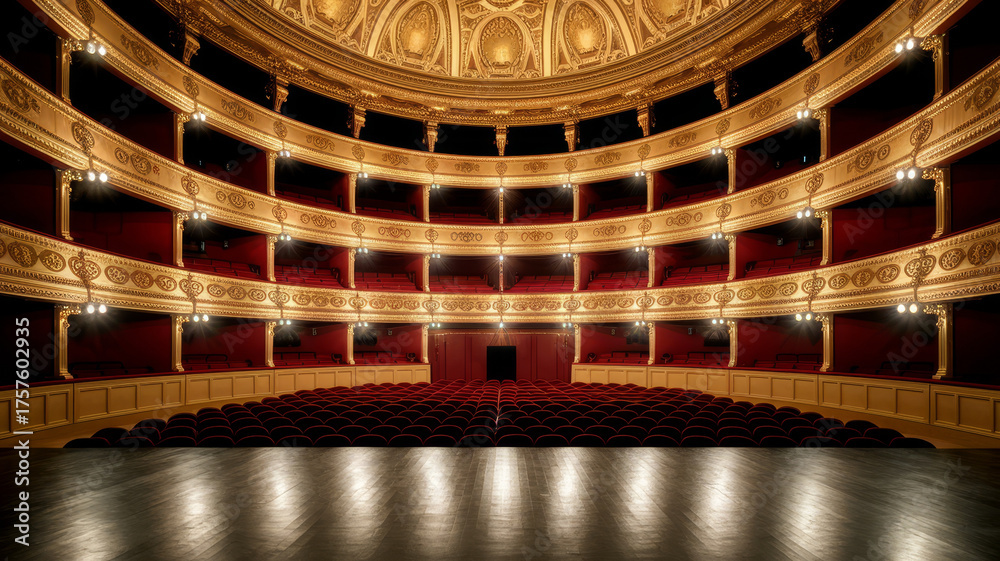 Obraz premium Grand opera house interior with tiered seating and ornate golden details awaiting a performance.