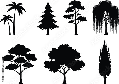Black silhouette vector illustration of diverse tree types including palm, conifer, deciduous, willow, broadleaf, and cypress for decorative, educational, seasonal design