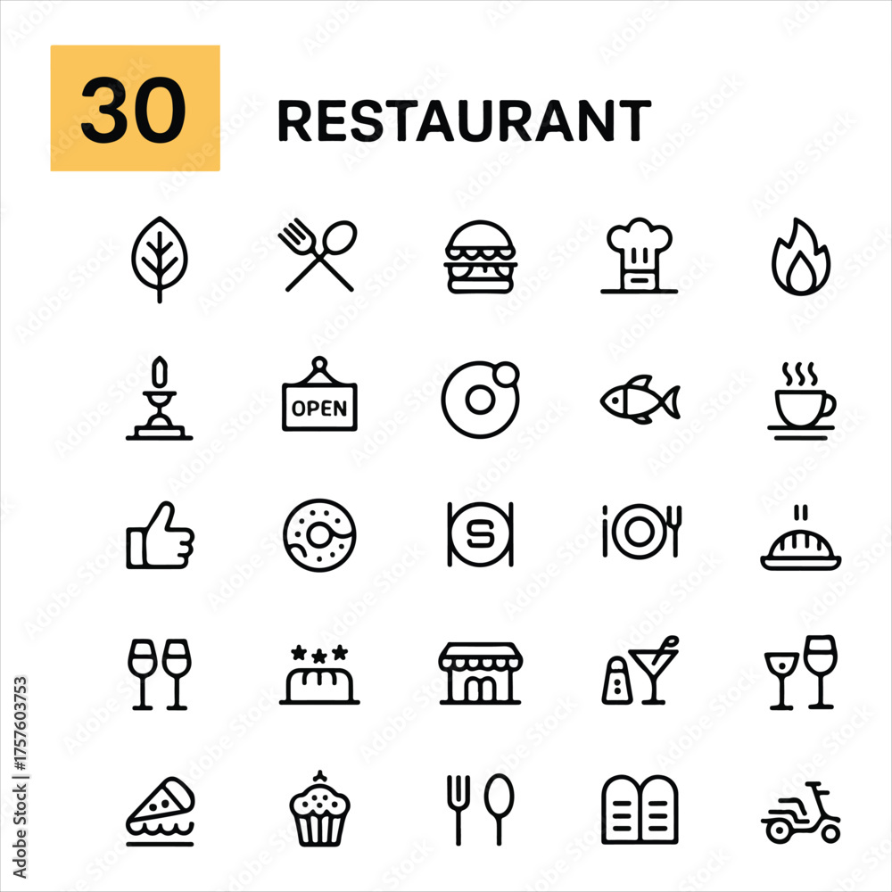 Fototapeta premium Dining editable line icons set: food, drink, and meals in outline style