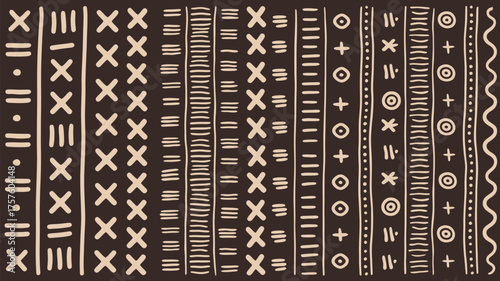 Beige mudcloth pattern with x shapes circles lines and dots on a dark brown background design texture