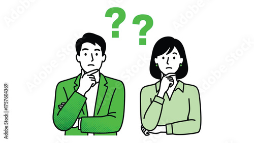 Man and woman with question marks above their heads thinking and confused vector illustration on white background