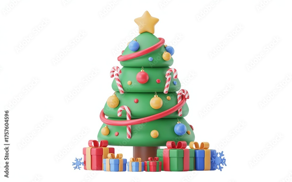 Naklejka premium Cartoon Christmas Tree with Cute Decorations and Gifts