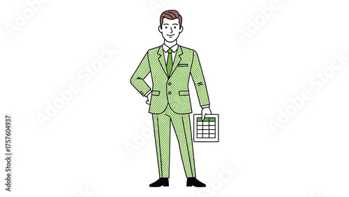 Full-length illustration of a businessman in a green suit holding a calendar vector line art for corporate presentations and infographics isolated on white