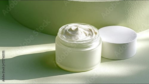 An open glass jar of thick white cream with its lid rests on a light green textured surface cast in soft light and shadow