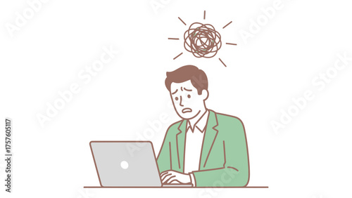 Frustrated man working on a laptop with a tangled line above his head simple vector illustration representing confusion stress and problem solving