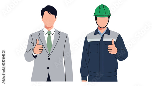Two men giving thumbs up one in a suit and the other in work clothes vector illustration on a white background