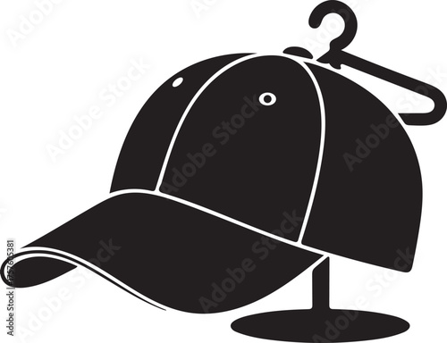 Black Silhouette Of A Baseball Cap On A Stand With A Hanger On White Background headwear fashion