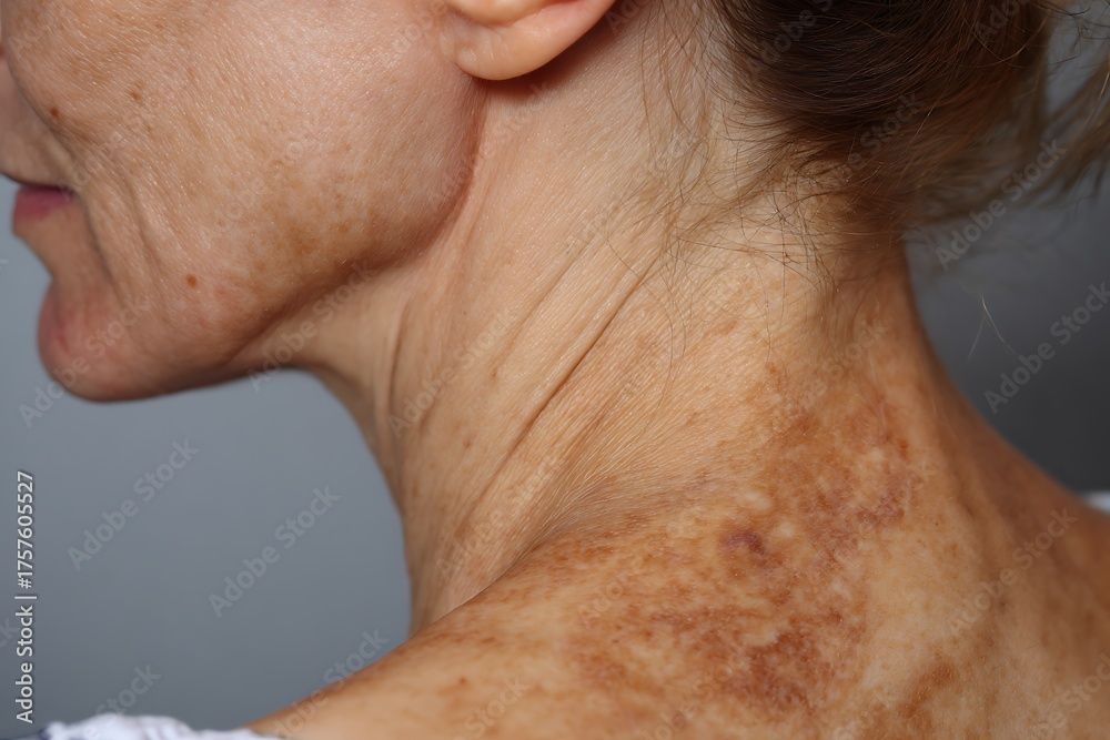 Fototapeta premium Close-up profile of an older adult's neck and shoulder showing hyperpigmentation, deep wrinkles, and sun damage, highlighting skin aging and dermatology concerns.