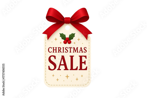 Elegant christmas sale tag with red ribbon bow, holly leaves, and festive holiday discount label design isolated on white background