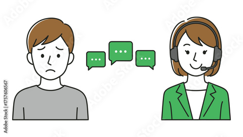 Customer service illustration with a sad customer and happy operator communication bubbles in between vector design for online support