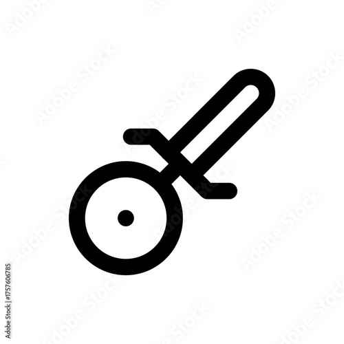 Illustration of a black pizza cutter with a circular blade and a handle on a white background design tool