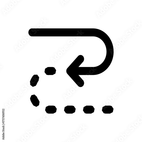 Black arrow looping back with a solid top arc and a dotted bottom arc indicating a return action icon