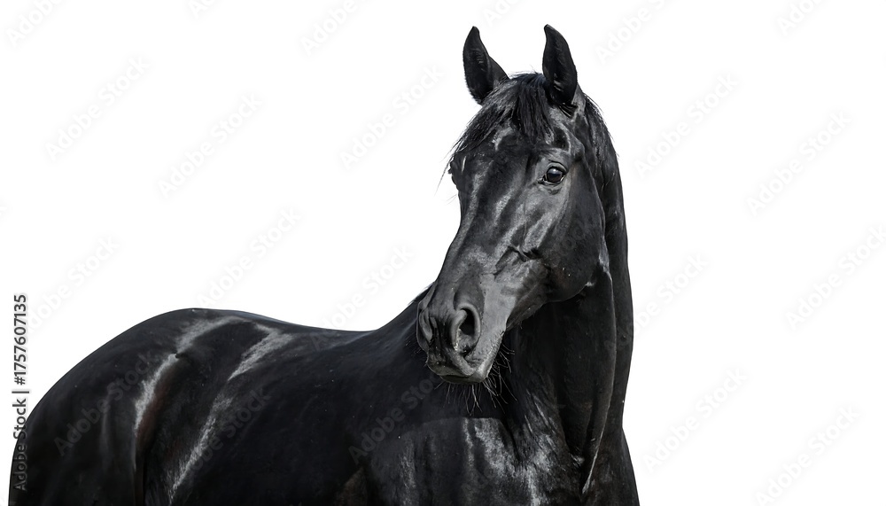 Fototapeta premium Sleek black horse, posed against a white backdrop, highlights its dark coat and elegant features