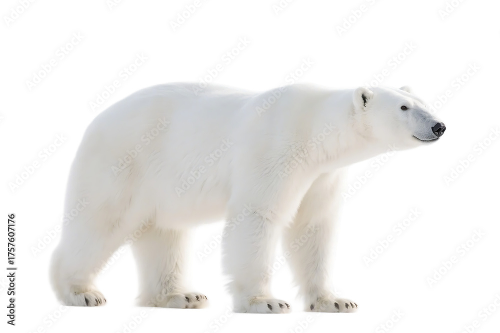 Fototapeta premium A polar bear with thick white fur is standing on a plain white background, highlighting its majestic appearance.