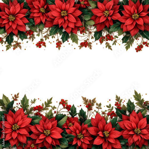 Elegant Christmas floral border featuring vibrant poinsettia flowers.