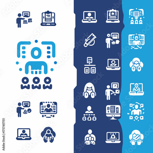 Illustration of various communication and collaboration icons in blue and white color scheme set on two panels