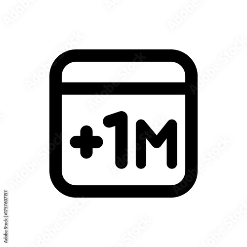 Black and white icon depicting a calendar page with the text plus one m indicating one million followers