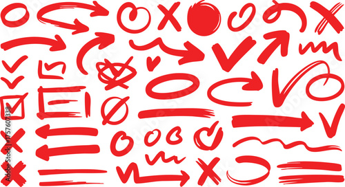 Red pencil hand drawn various oval, chalked arrows, check marks. Vector doodle marker drawing. Hand drawn charcoal symbols for diagrams. Freehand grunge red strikethrough and underline elements