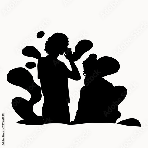 Silhouette of a man drinking from a cup standing next to a seated figure with abstract shapes around them