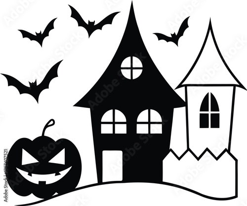 haunted house with bats and pumpkin patch illustration on transparent background
