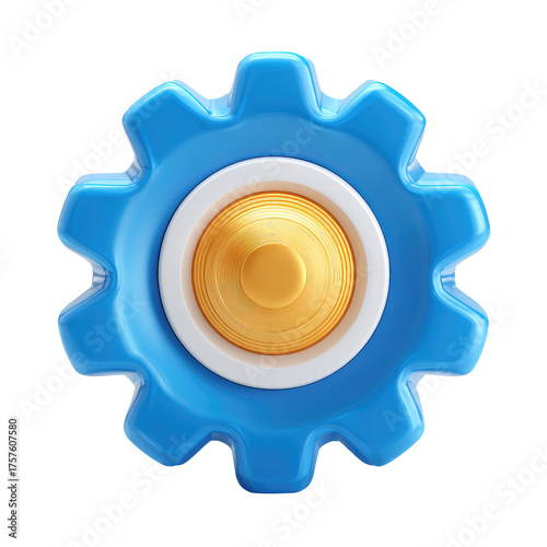 A bright blue gear with a gold center