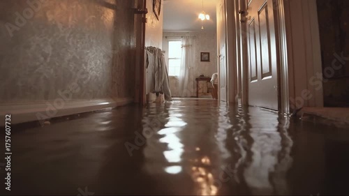 Flooded hallway with water covering the floor in residential home  