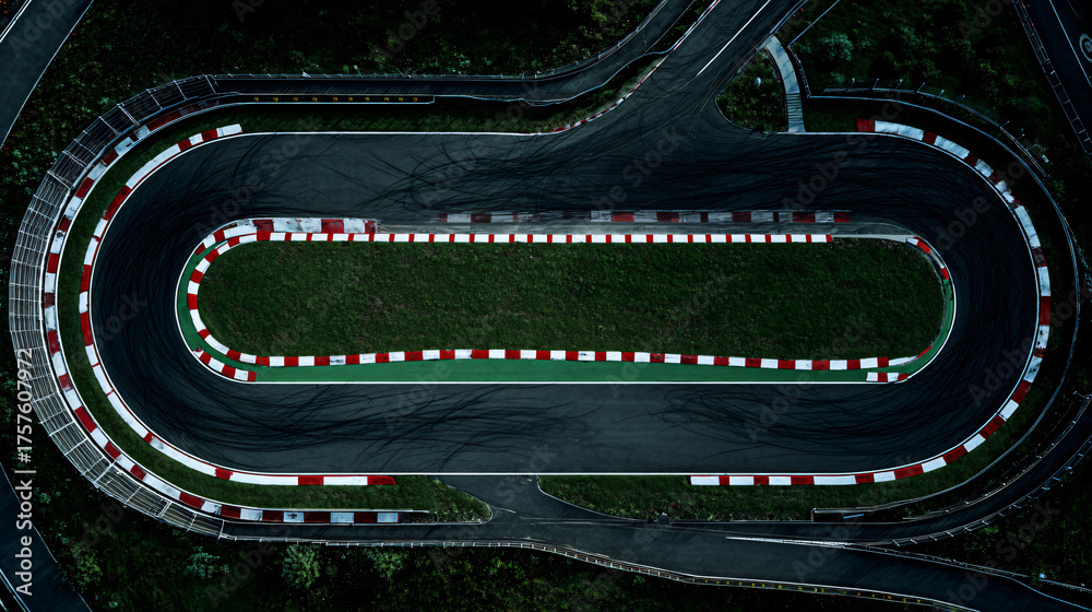 Obraz premium Aerial Perspective of a Grand Prix Circuit Featuring a Speeding Formula One Car on a Dramatic Race Track