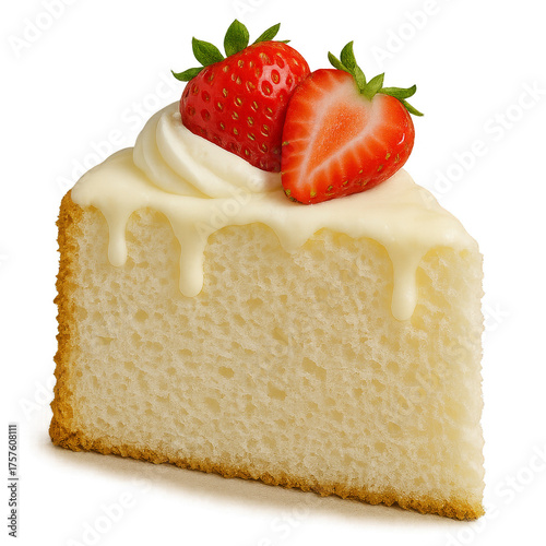 A slice of delectable cake topped with fresh strawberries and creamy icing