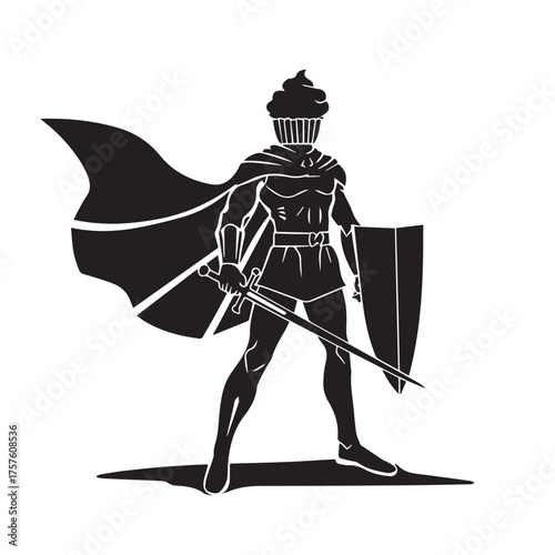 Silhouette of a brave warrior in armor with a flowing cape holding a sword and shield ready for battle