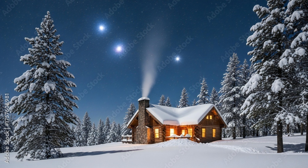 Fototapeta premium Cozy log cabin bathed in warm light under a starry winter night sky