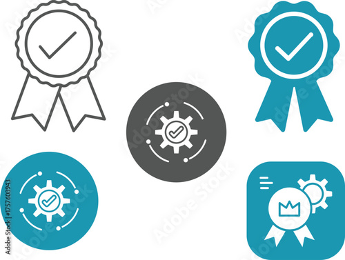 Approved or certified medal icon. Certified badge. Approval check symbol collection - stock vector. Approval check big icon set. Verified, certified, medal, correct mark, award ribbon, badge, quality
