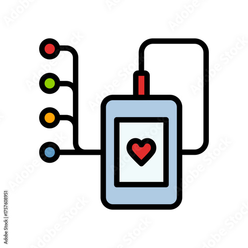 Electronic device measuring heart rate showing heartbeat icon and cable. Holter ECG System. Digital Analyzer Recorder System tracking cardio problem. Vector Isolated Color Symbol Illustration.