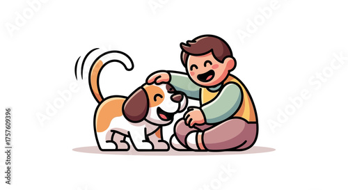 A happy young boy lovingly petting his adorable beagle puppy, a heartwarming friendship scene