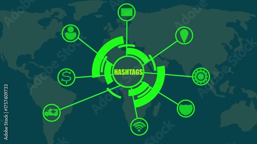 Global Hashtag Network Connection Concept with World Map Background social media