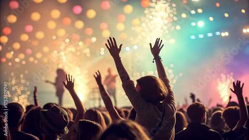 Wallpaper Mural Crowd cheering at a concert with raised hands and colorful stage lighting effects Torontodigital.ca
