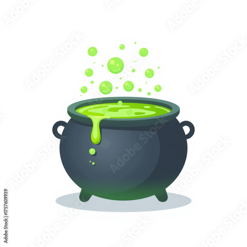 Cartoon Style Bubbling Witch Cauldron with Green Potion
